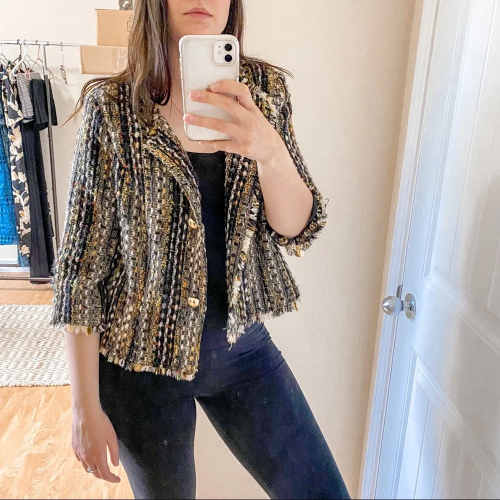 CAbi Fringe Blazer Wool Tweed Gold Button - Picture 2 of 10